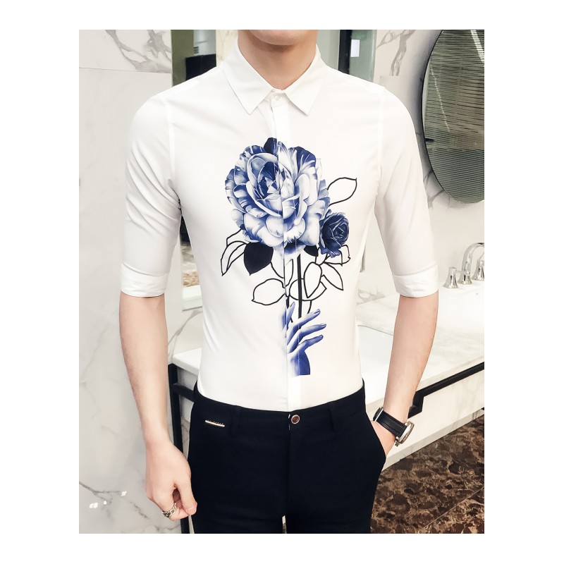 型师夜店衬衫男短袖2018夏季年轻韩版帅气修身小领印花衬衣男装