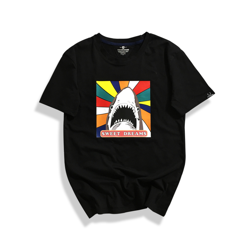 日系潮牌鲨鱼印花夏季短袖T恤 男女情侣款卡通动漫大码体恤打底衫