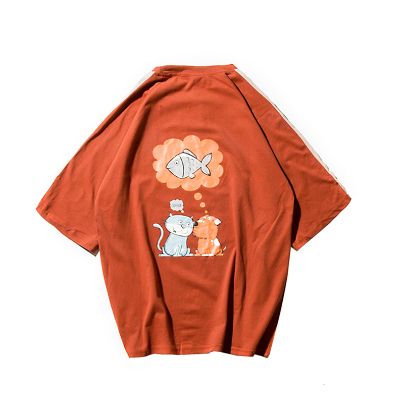 2018夏季年轻男式休闲圆领插肩袖拼色印花短袖宽松情侣T恤 青少年