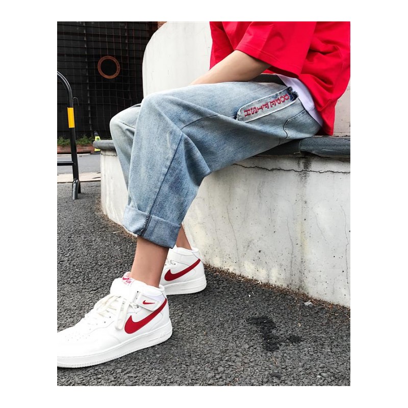 夏季年轻日系宽松直筒合体水洗做旧9分牛仔裤 男九分裤子帅气帅气