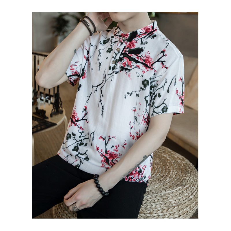 男夏季亚麻印花短袖丅恤中国风加肥加大码潮青年中袖修身立领体恤