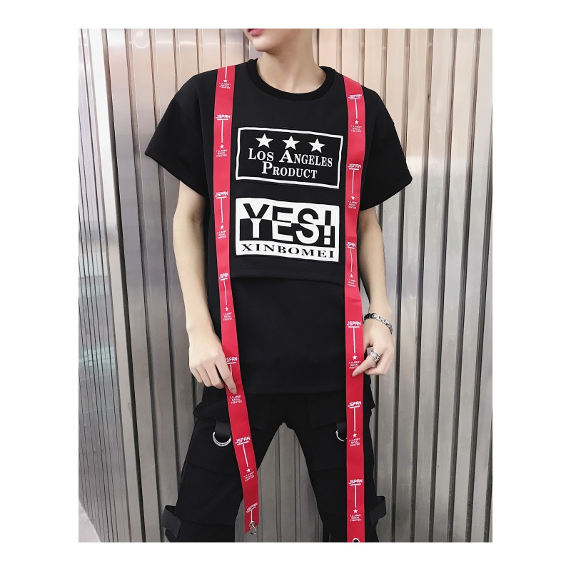 夏季暗黑国潮男个性织带贴布短袖T恤青少年印花半袖体恤衫夜店DJ