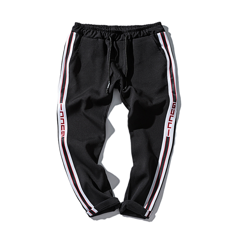 美式夏季年轻学生英文织带宽松休闲裤大码男士休闲抽绳收脚九分裤