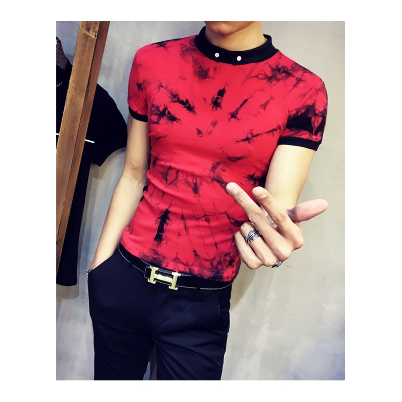 夏季青年有小领短袖T恤男纽扣带领精神小伙半截袖帅气社会人衣服