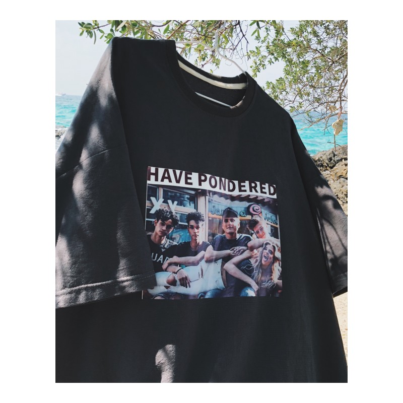 2018夏季日系港风学生年轻复古照片印花帅气宽松学生圆领短袖T恤