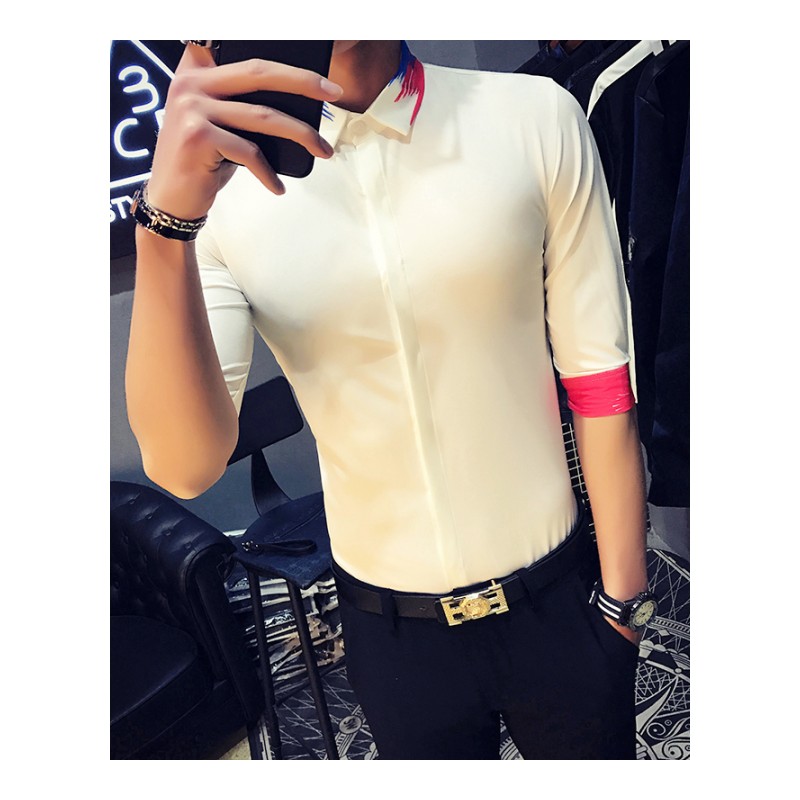 夏季五分中袖衬衫男短袖男士韩版修身帅气帅气型师寸衫休闲衬衣