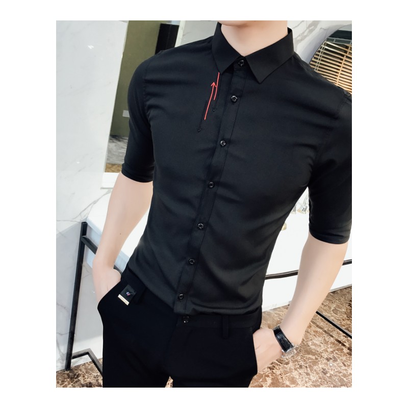 商务休闲刺绣男短袖衬衫七分袖韩版修身型师夜店中袖衬衣夏季薄