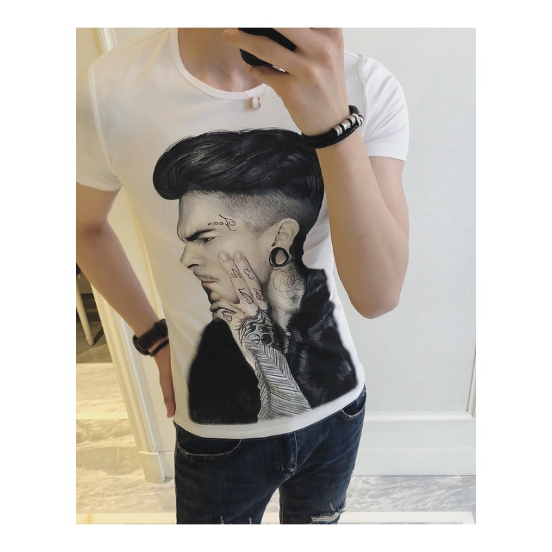 2018夏季年轻潮男T恤修身韩版紧身帅气个性圆领立体印花半袖上衣