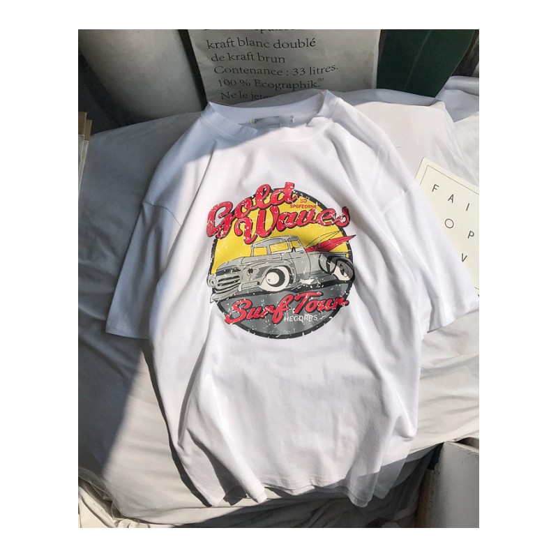 港风文艺夏季年轻宽松半袖T恤落肩机械车印花打底体恤衫bf风情侣