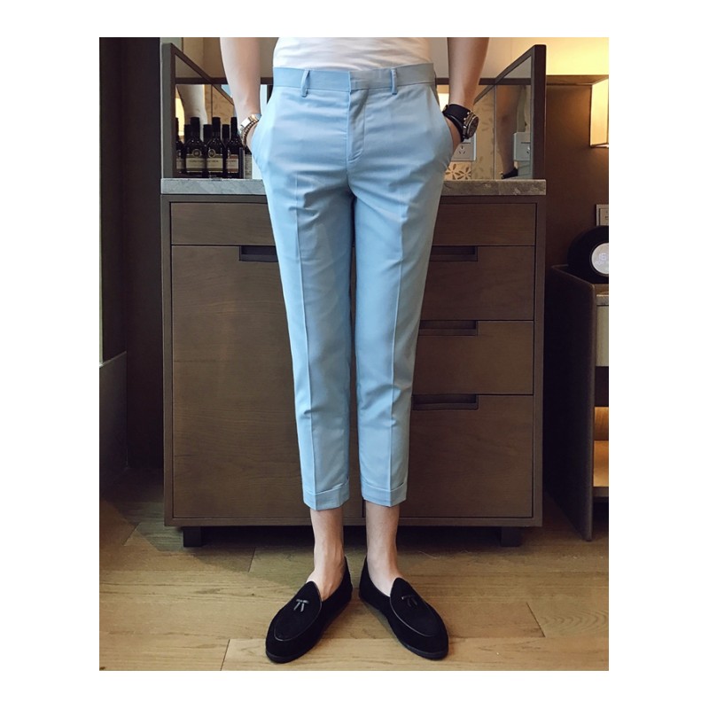 春夏2018英伦风靓色修身型卷边八分休闲裤 韩版纯色小脚8分西裤男