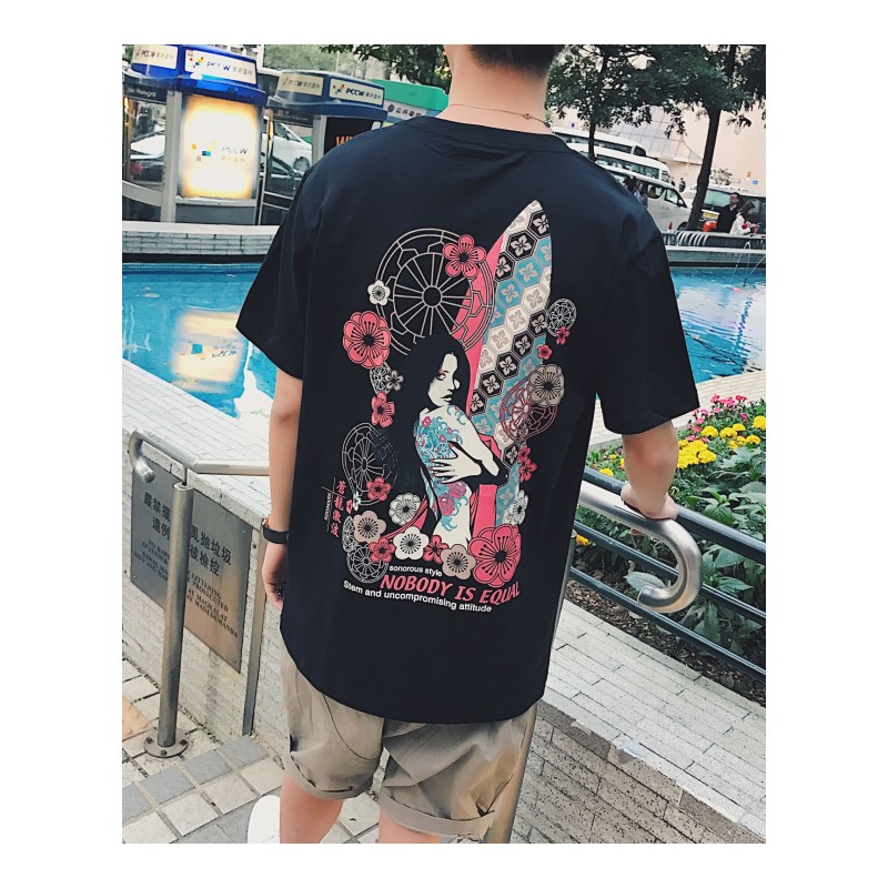 2018男装日系年轻短袖T恤潮男夏季个性嘻哈印花打底衫T恤衫短tee