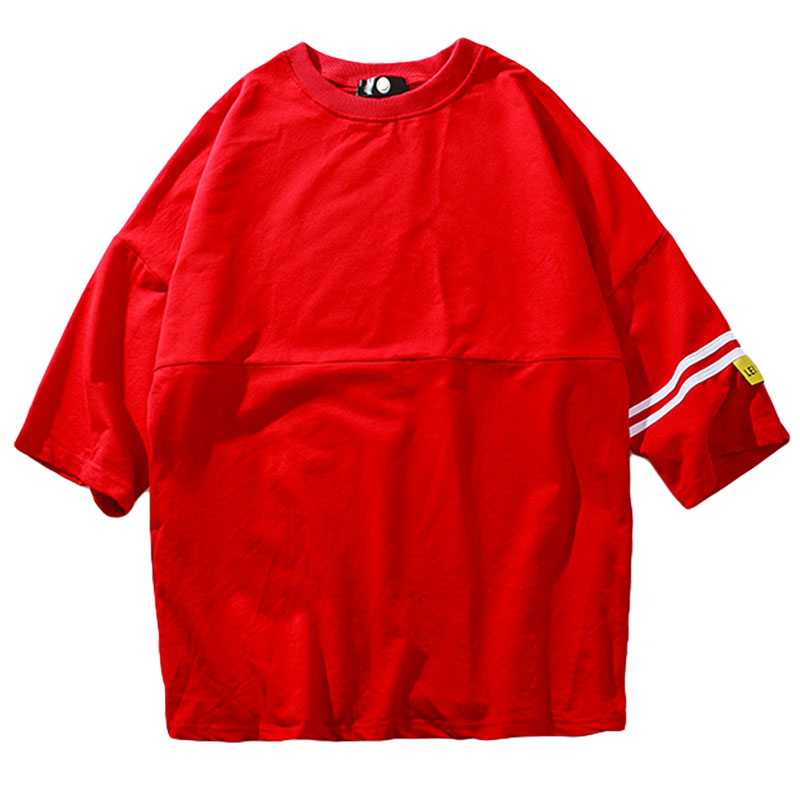 2018夏季男士圆领打底衫T恤贴标宽松七分袖半袖T恤红色落肩袖上衣