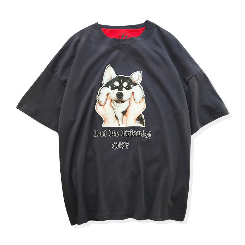 2018夏季年轻帅气趣味港风情侣衫宽松五分袖 T恤男女短袖圆领BF风