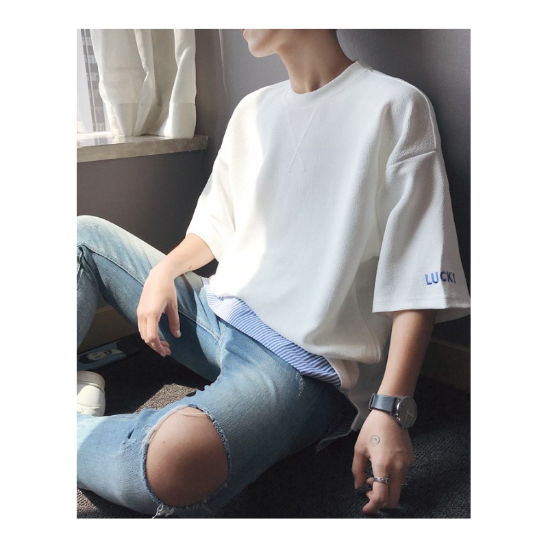 2018夏季年轻韩国日韩风清爽简约假两件短袖T恤男宽松圆领字母潮
