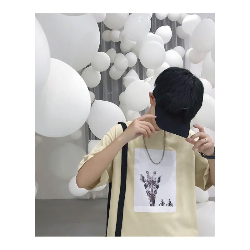 夏季韩版帅气的短袖T恤男宽松小鹿印花帅气帅气半袖体恤衫青年