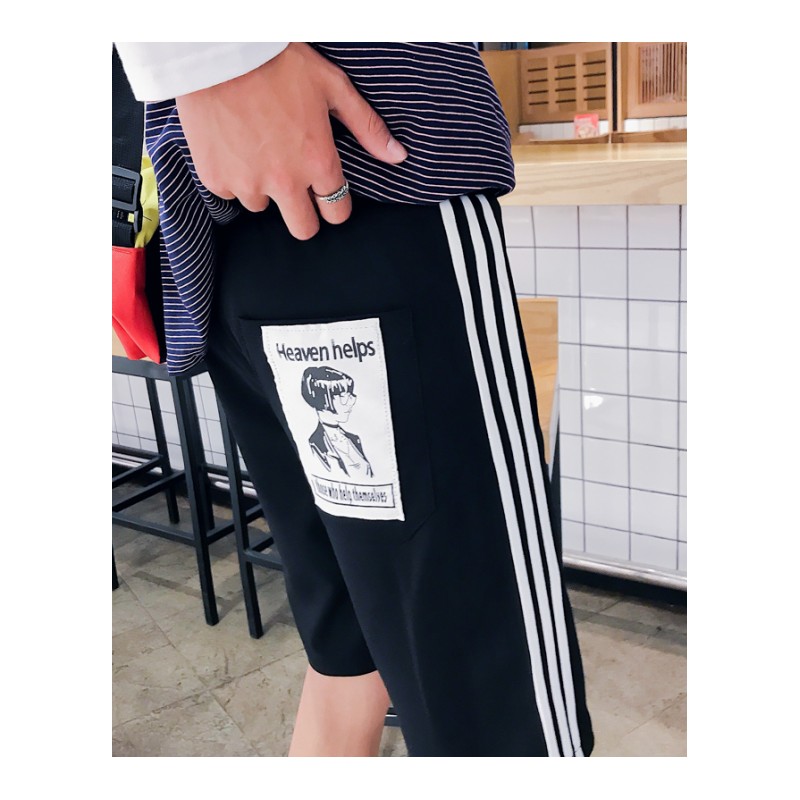 2018夏季年轻男士休闲裤子条纹织带贴布五分裤韩版直筒潮男生短裤