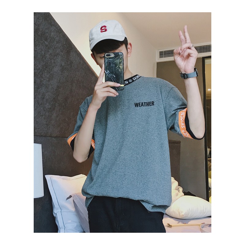 夏季年轻韩版时髦个性宽松个性拼侣T恤bf风五分袖夏天中袖tee