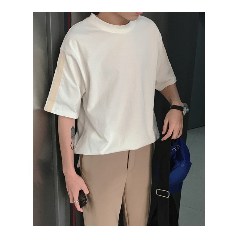 2018夏季年轻韩国上衣袖子撞色织带条纹男士宽松舒适短袖T恤衫