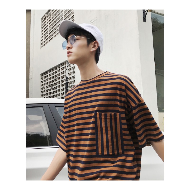 2018夏季年轻韩国日韩风短袖男帅气宽松条纹T恤学生个性半袖上衣