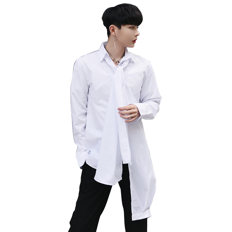 韩国帅气风不规则个性设计领结长袖衬衣男士修身纯色衬衫舞台服装