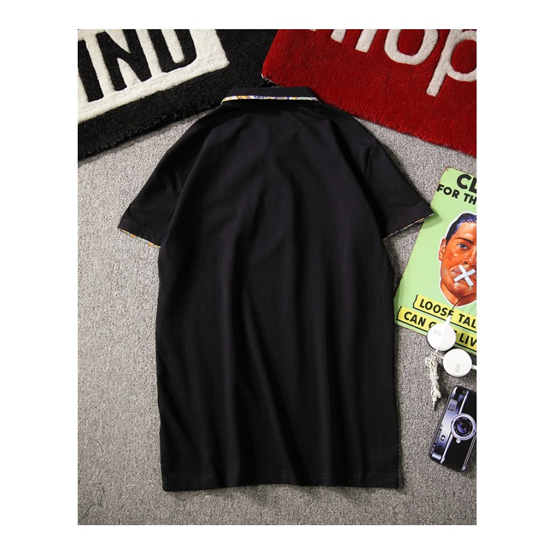 2018夏季年轻翻领碎花POLO衫男士加肥大码白色短袖T恤韩版潮男装