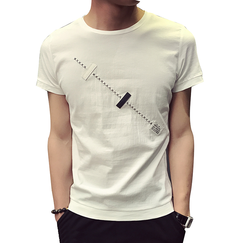 2018夏季年轻男短袖T恤青年个性皮标百搭修身圆领套头半截袖T恤衫