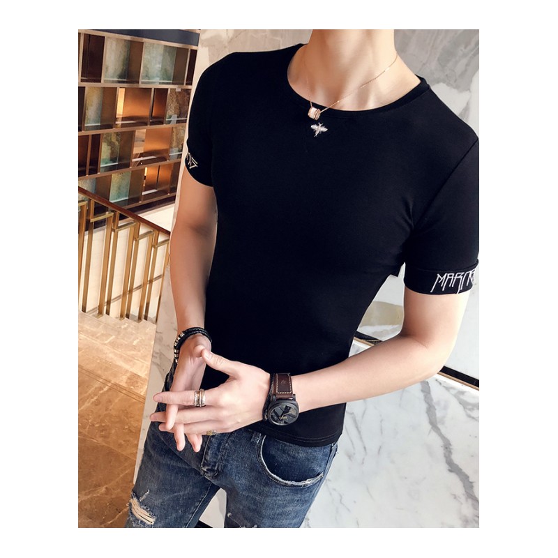 夏装潮男紧身短袖T恤圆领弹力体恤男士修身半袖小衫韩版刺绣上衣