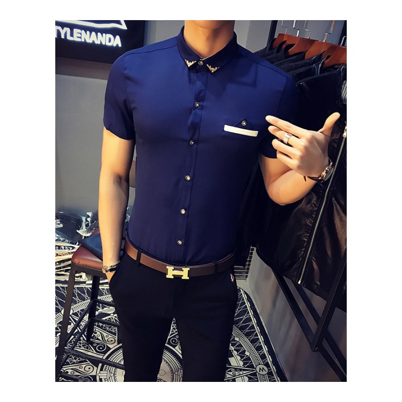 夏季短袖衬衫男韩版修身青年白色衬衣薄款个性帅气型师休闲寸衫