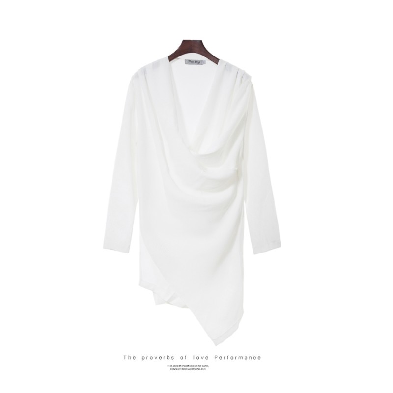 春夏年轻男士青年长袖V领纯色韩版宽松T恤不规则薄款型师中长款