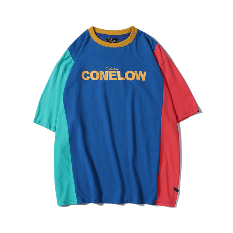 日系撞色拼接男士夏季短袖T恤韩版帅气印花宽松半截袖体恤2018