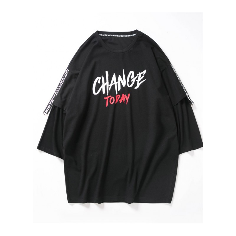 夏季港风七分袖T恤男韩版青年学生印花宽松原宿bf风7分短袖上衣服