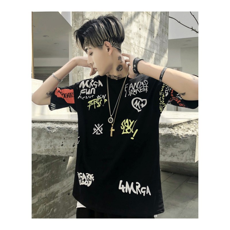 欧美高街印花字母半袖T恤夏季嘻哈潮牌圆领原宿bf风宽松短袖男