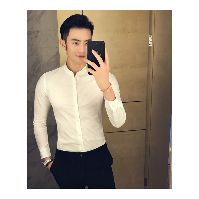 男士衬衫长袖修身型韩国帅气商务白立领衫衣韩版青年青年百搭衬衣