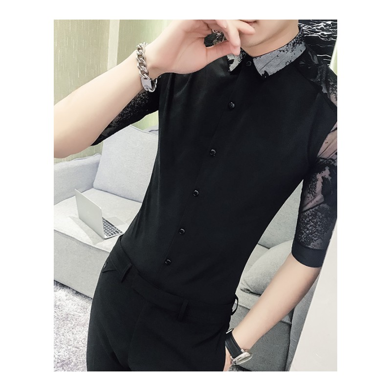 个性透视镂空拼接五分袖衬衫男士修身英伦酒店风夏季夜店型师DJ