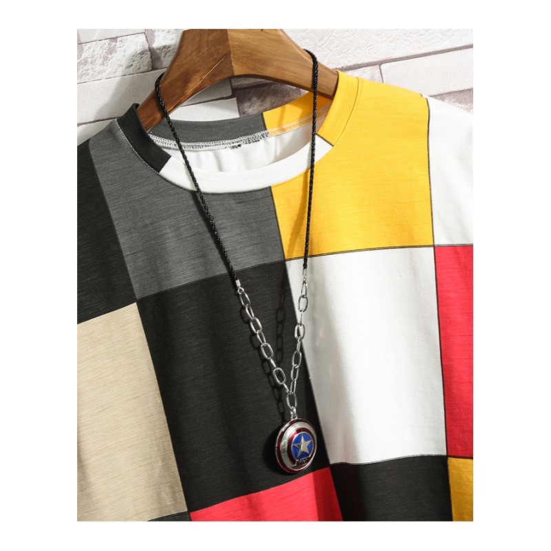 日系原宿夏季韩版青年男士个性帅气撞色格子短袖T恤宽松百搭半袖