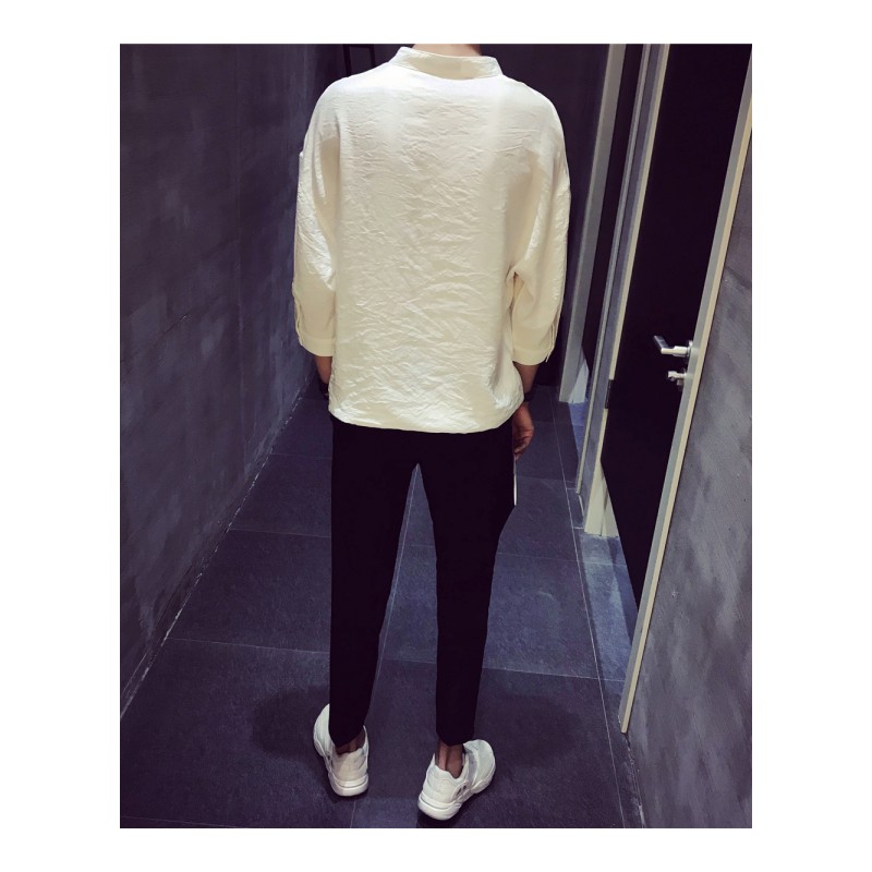 薄款夏季年轻棉麻衬衫男士韩版休闲宽松青年青年刺绣7七分袖衬衣