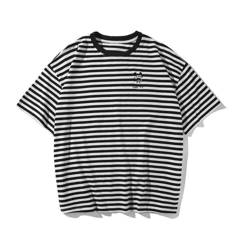夏季年轻港风男士休闲条纹短袖T恤衫韩版帅气学生百搭宽松半截袖
