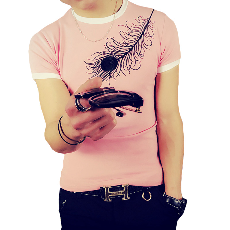 2018夏款新款韩版修身圆领口拼色刺绣羽毛短袖T恤衫学生时尚潮牌