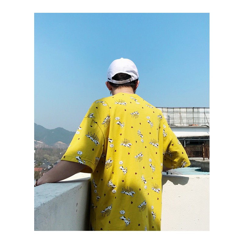 夏季年轻港风印花短袖男宽松个性百搭帅气帅气T恤男青少年半袖衫