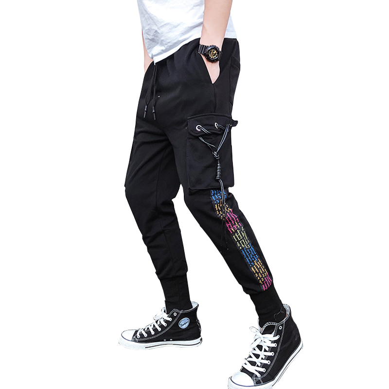 国潮嘻哈个性的束脚裤青年男 韩版个性织带日韩风哈伦休闲裤子