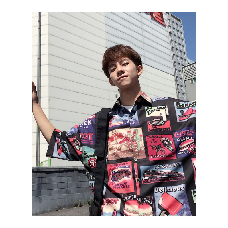 日系小清新短袖衬衫男士文艺青年韩版男装宽松休闲印花衬衣男夏款