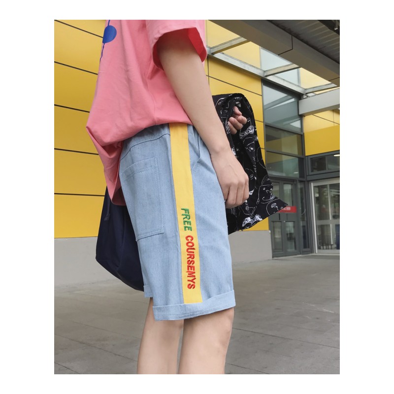 夏款薄款男装休闲裤新款青年修身五分裤帅气字母织带运动牛仔短裤