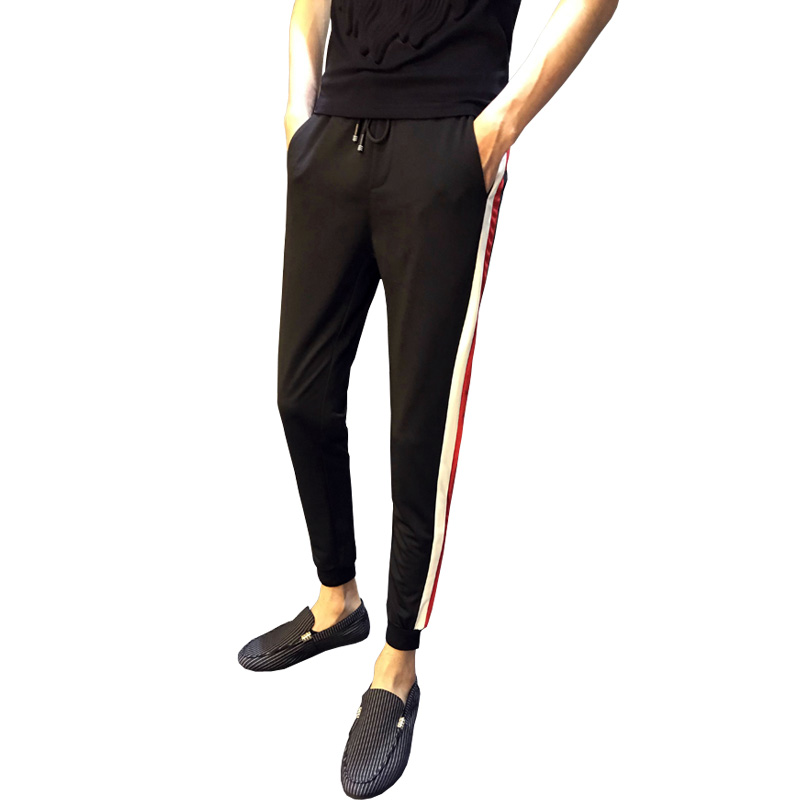 男装瘦腿小脚束脚裤子修身彩条休闲运动九分裤男青年学生帅气潮牌