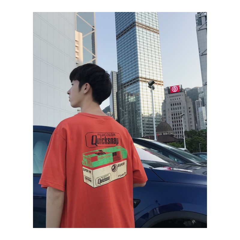 2018夏季帅气韩国日韩风彩色印花Tee圆领短袖T恤男士宽松打底衫