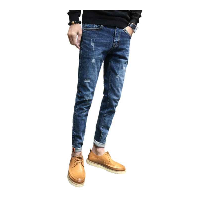 2018四季休闲百搭男士小脚牛仔裤青年学生个性流行男装破洞修身潮