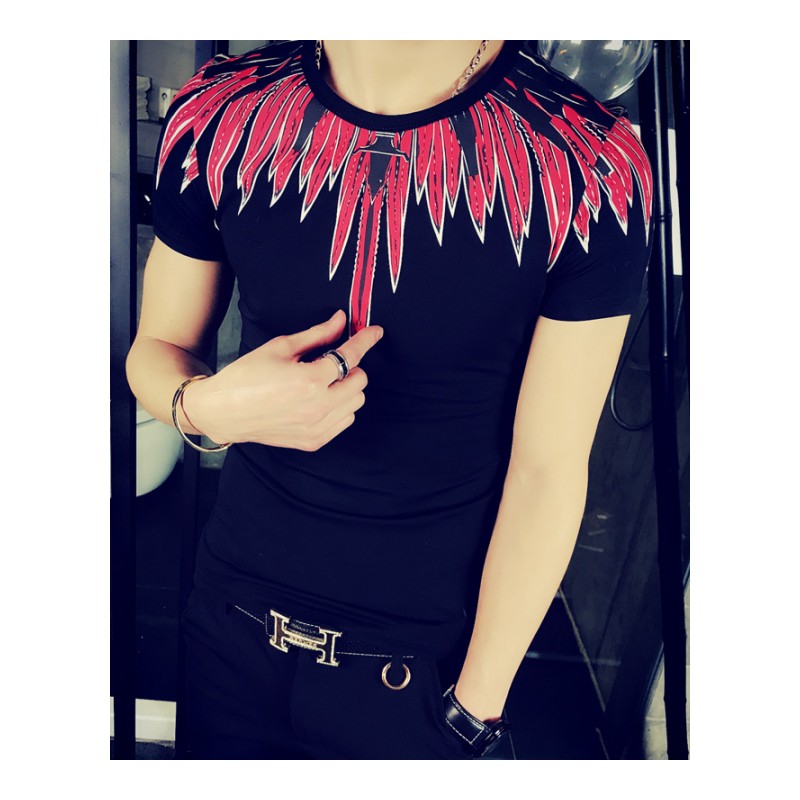 2018夏款韩版修身领口印花翅膀设计圆领紧身短袖T恤潮男打底衫薄