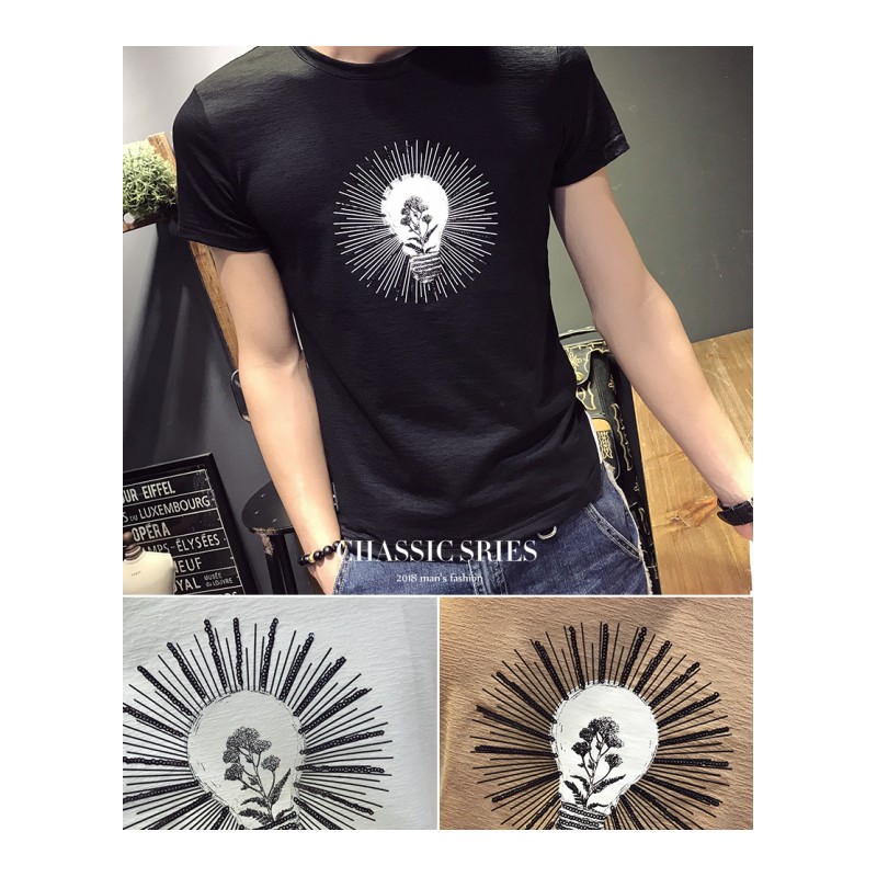 2018新款夏款刺绣印花短袖体恤青少年学生圆领休闲帅气男士T恤衫