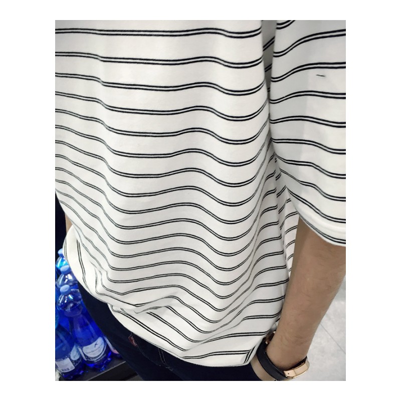 2018夏款新款情侣装5分袖圆领T恤青年男女学生班服短袖条纹海魂衫