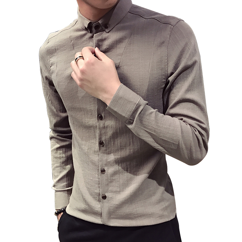 韩版牛仔衬衫男士长袖休闲修身白衬衣时尚帅气青少年男生商务寸衣