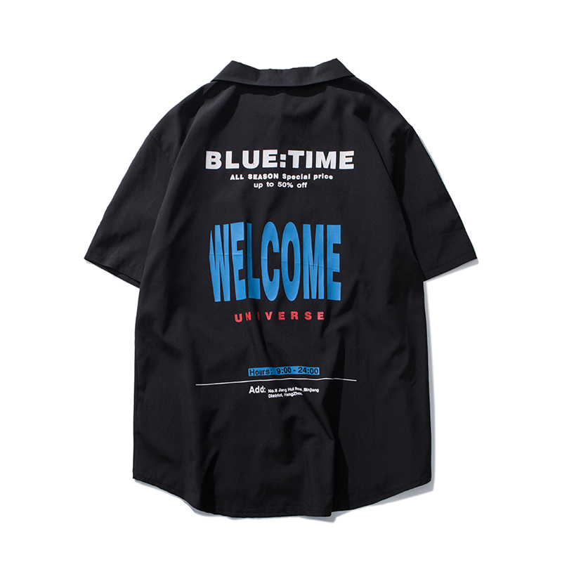 2018夏款新款复古五分袖衬衫男港风宽松百搭学生字母印花短袖上衣